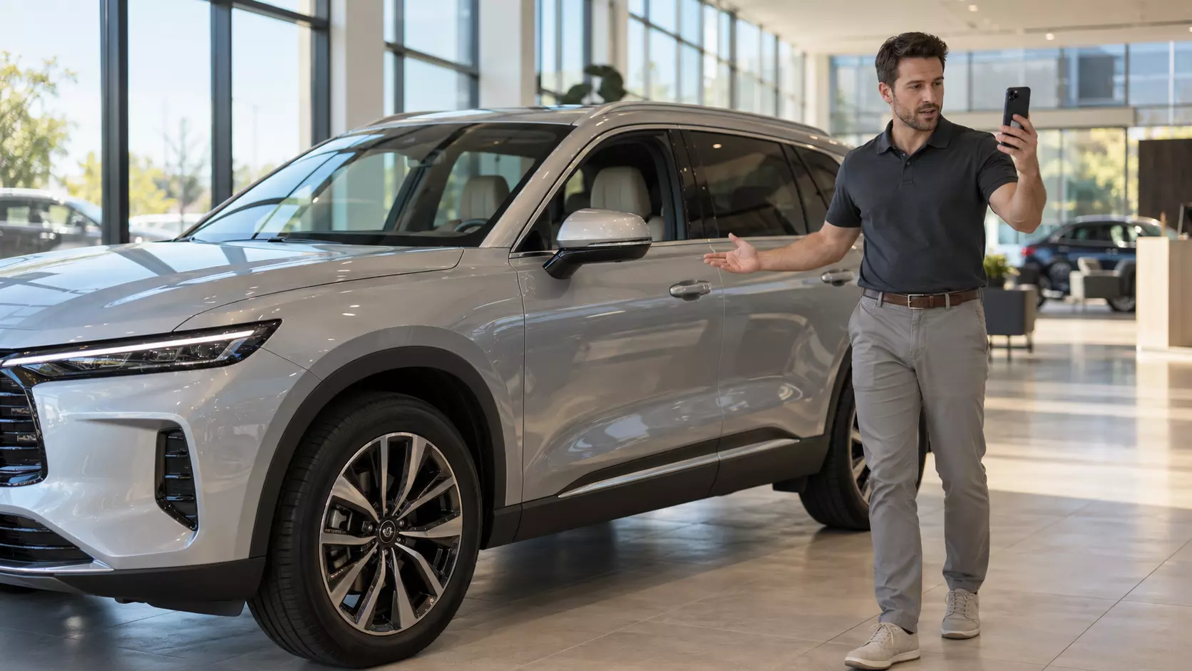 A salesperson showing a vehicle on a video call